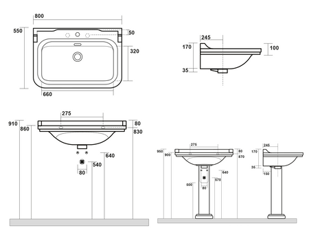 WALDORF umywalka ceramiczna 80x55cm, z 3 otworami na baterię, biały
