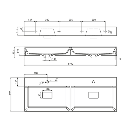 GODIVA umywalka kompozytowa podwójna 119x44cm, biały
