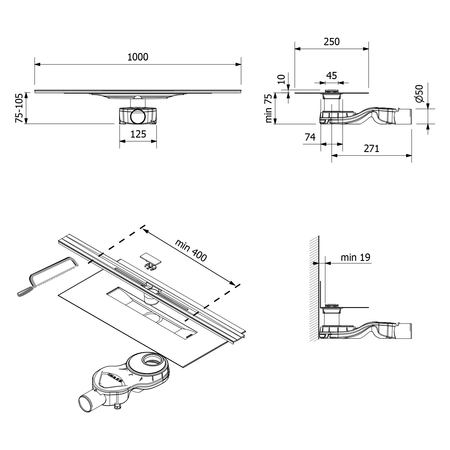SLIM RIVER odpływ liniowy ze stali nierdzewnej z rusztem, L.400-1000, DN50
