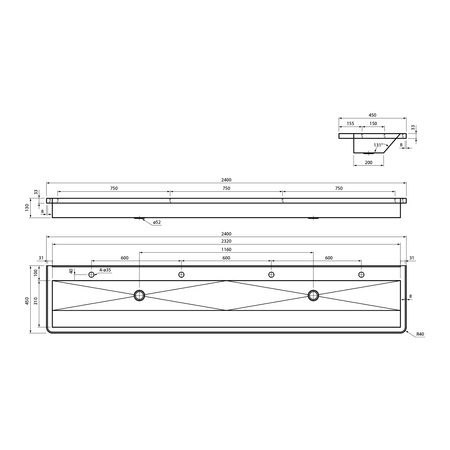 Komora gospodarcza ścienna 2400x130x450mm, stal nierdzewna mat