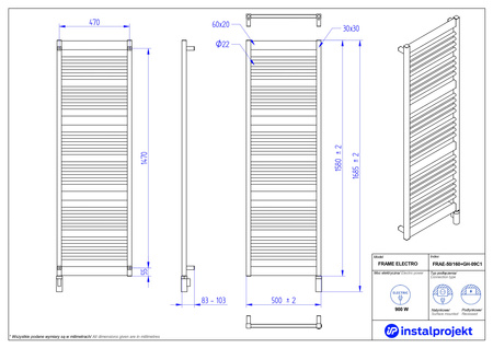 Instal Projekt Frame Electro Grzejnik elektryczny  50x160 cm czarny mat/black mat FRAE-50/160C31+GH-09C2