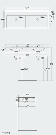 DES Umywalka podwiesz.nablat121x46cm bez otworów