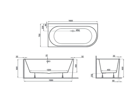 Wanna wolnostojąca przyścienna 160x75 SOLA GRANAT Prawa NOWOŚĆ