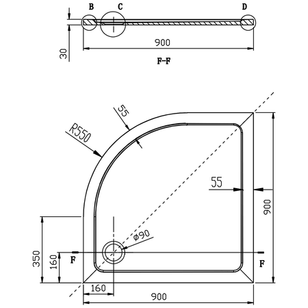 TECMI brodzik prysznicowy kompozytowy, półokrągły 90x90x3cm, R55
