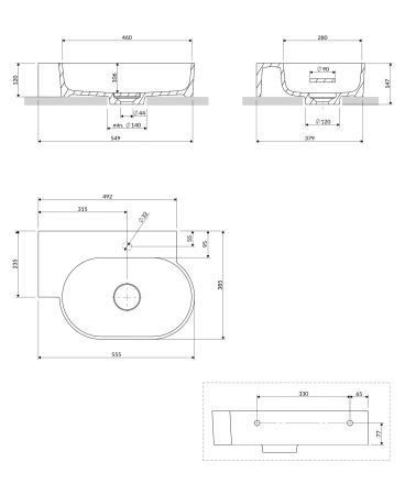 OVO M+ umywalka nablatowa/wisząca - lewa, 55 x 38 cm, biały połysk