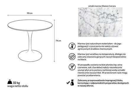 Stół TULIP MARBLE 90 CARRARA biały -      marmur, metal