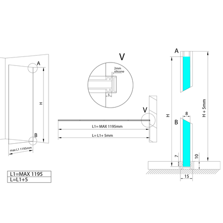ARCHITEX Zestaw do montażu szkła, podłoga/ściana, maksymalna szerokość 1200mm, polerowane aluminium