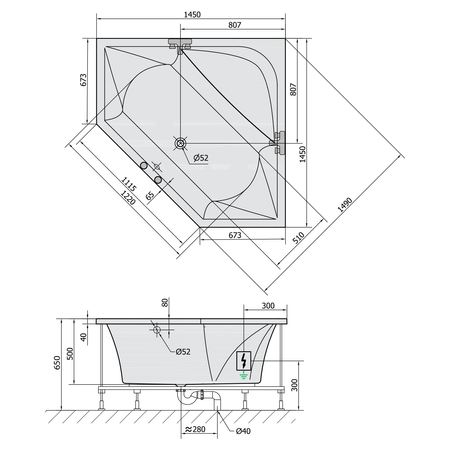 FLOSS wanna z hydromasażem, 145x145x50cm, Active Hydro-Air, chrom