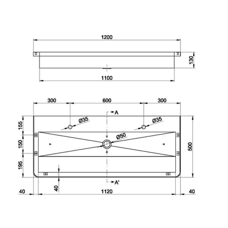 Umywalka wielostanowiskowa ścienna 1200x130x500 mm, stal nierdzewna mat
