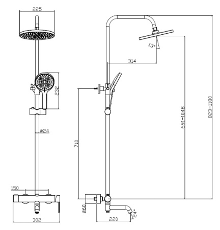 Deszczownica z baterią prysznicowo wannową trzyfunkcyjną, czarna