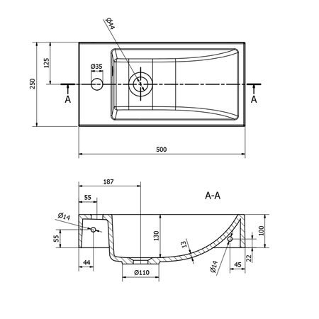 ARIANA umywalka kompozytowa 50x25cm, biała, bateria po lewej stronie