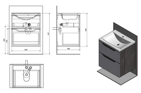 WAVE szafka umywalkowa 60x65x48cm, biała/dąb srebrny