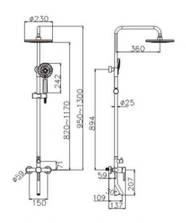 Deszczownica z baterią prysznicowo wannową trzyfunkcyjną, stal szczotkowana