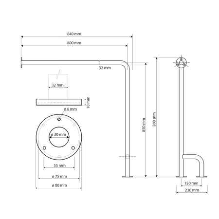 HANDICAP poręcz wspierająca prawa 800x850mm, stal nierdzewna polerowana