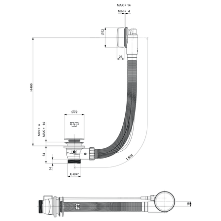 Zestaw odpływowy z korkiem automatycznym, długość 600mm, korek 72mm, złoty