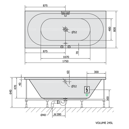 VIVA B wanna z hydromasażem, 175x80x47cm, Active Hydro-Air, chrom