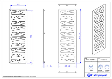 Instal Projekt Bionic Electro Grzejnik elektryczny  60x180 cm błyszczący szary/grey BIOE2-60/180C19