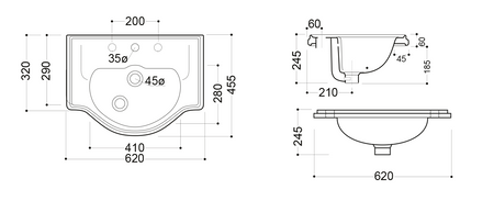 RETRO umywalka ceramiczna 62x45,5cm, wpuszczana w blat, 3 otwory na baterię, biały