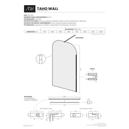 Ścianka prysznicowa TAHO Wall - transparentny / 120 cm / grafit szczotkowany