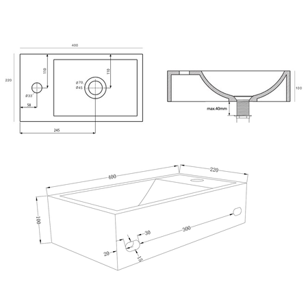 CREST L umywalka betonowa z korkiem, 40x22cm, biały piaskowiec