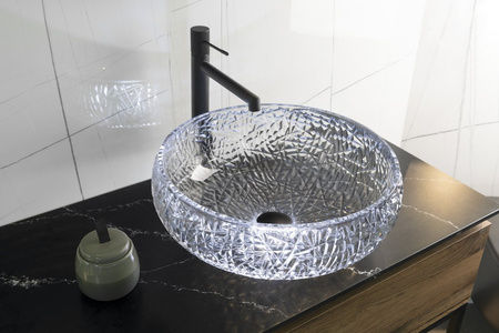 GAVIOTA grawerowana szklana umywalka nablatowa średnica 42cm, czarny