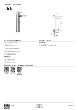 Bateria umywalkowa wysoka (bez korka)-Paffoni/kolekcja Stick
