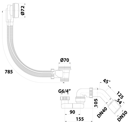 Zestaw odpływowy z syfonem L-785mm, DN 40/50, ABS/chrom