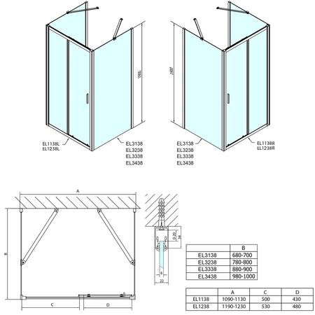 EASY kabina prysznicowa trójścienna 1100x900mm, wariant L/P, szkło Brick