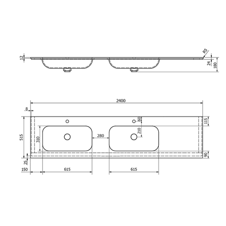 ARUBA umywalka podwójna lewa, 240x51,5 cm, Rockstone biały mat