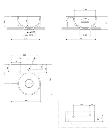 OVO M+ umywalka nablatowa/wisząca - lewa, 33 x 34 cm, midnight blue mat