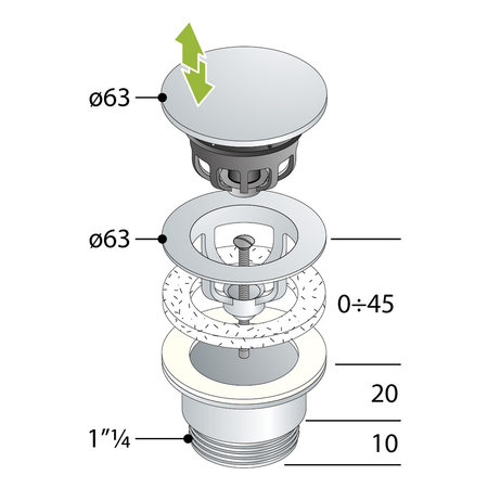 Odpływ umywalkowy 5/4”, klik-klak, duży korek, 10-45mm, chrom