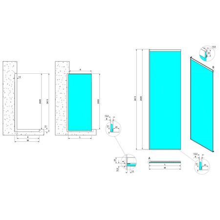 ARCHITEX zestaw do mocowania szkła, ściana-podłoga-sufit, 1615x2600mm, czarny mat