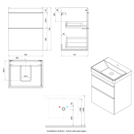 SITIA szafka umywalkowa 56,4x70x44,2cm, 2 szuflady, biały mat