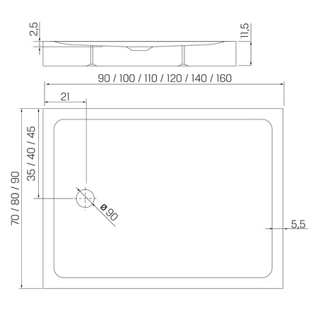 Brodzik MILD akrylowy prostokątny 90x70x11,5 biały