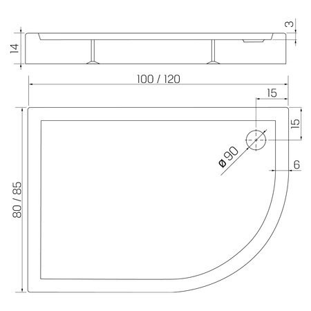 Brodzik NEW MAXIMA P asymetryczny 120x85x14 gł. 3 cm, o90 (obudowa zintegrowana,  stelaż)