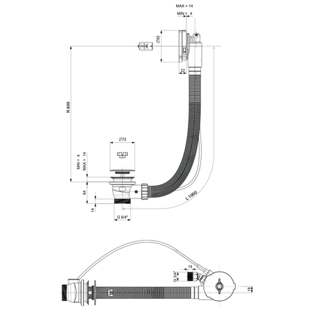 Zestaw odpływowy z napełnianiem, długość 1000mm, korek automatyczny 72mm, złoty