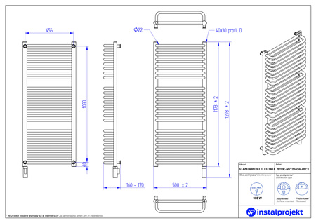 Instal Projekt Standard 3D Electro Grzejnik elektryczny  50x120 cm biały połysk/white silk STDE-50/120+GH-09C1