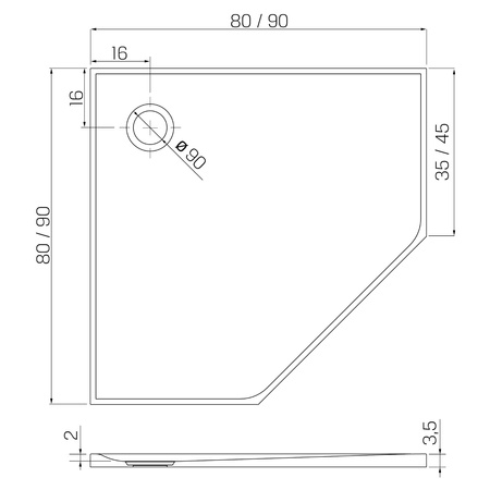 Brodzik NEX konglomeratowy pięciokątny 90x90x3,5 biały,  gł.2cm, fi 90