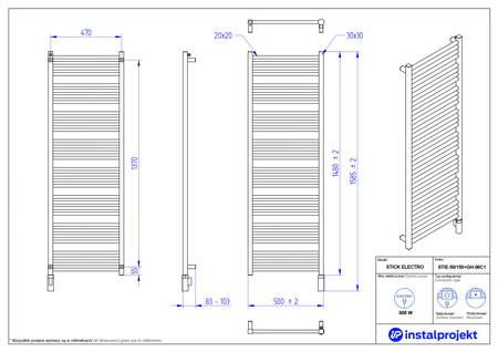 Instal Projekt Stick Electro Grzejnik elektryczny  50x150 cm biały mat/white mat STIE-50/150C34+GH-06C1