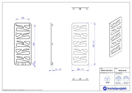 Instal Projekt Bionic Electro Grzejnik elektryczny  40x100 cm czarny mat/black mat BIOE2-40/100C31