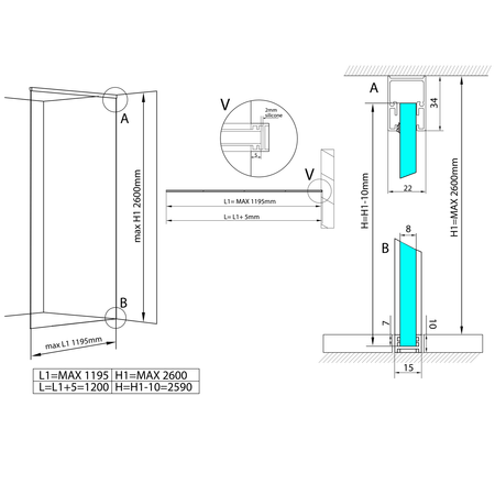 ARCHITEX Zestaw do montażu szkła, podłoga/ściana/sufit, maksymalna szerokość 1200mm, polerowane aluminium