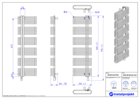 Instal Projekt Astro Electro Grzejnik elektryczny  50x160 cm biały mat/white mat ASTE-50/160C34+GH-12C1