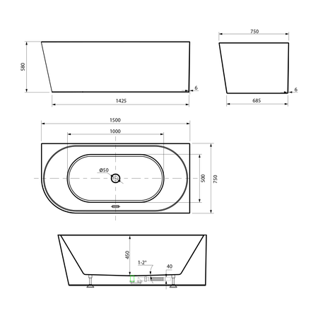 TIBERA R wanna przyścienna, narożna 150x75cm, biały
