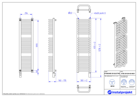 Instal Projekt Standard 3D Electro Grzejnik elektryczny  30x120 cm biały połysk/white silk STDE-30/120+GH-06C1