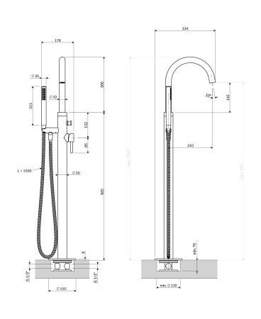 Y bateria wannowa wolnostojąca wysoka, złoty połysk