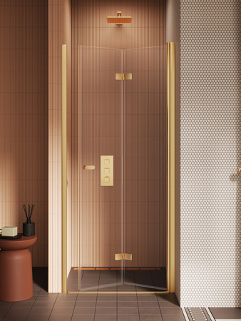 Drzwi wnękowe NEW SOLEO GOLD BRUSHED 1D L 100x195 szkło czyste 6mm Active Shield 2.0 - składane