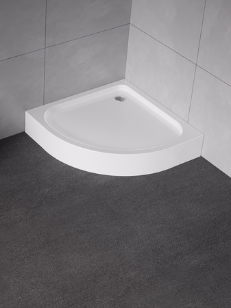 Brodzik DOMIO kompaktowy półokrągły R55 80x80x16, gł. 4 cm, fi 52 (obudowa zintegrowana, podstawa stelaż)