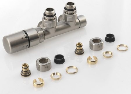 TWIN zestaw przyłączeniowy zespolony termostatyczny, lewy, stal nierdzewna mat