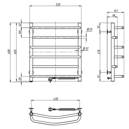 Elektryczny grzejnik łazienkowy NIERDZEWNY OMEGA 530х600 prawy