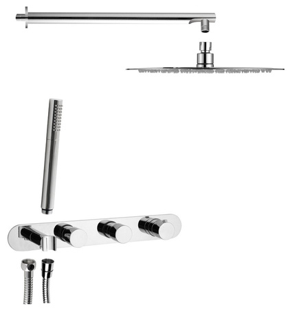 Zestaw prysznicowy z baterią termostatyczną z uchwytem rączki prysznicowej, 2 funkcyjny, deszczownia okrągła, chrom